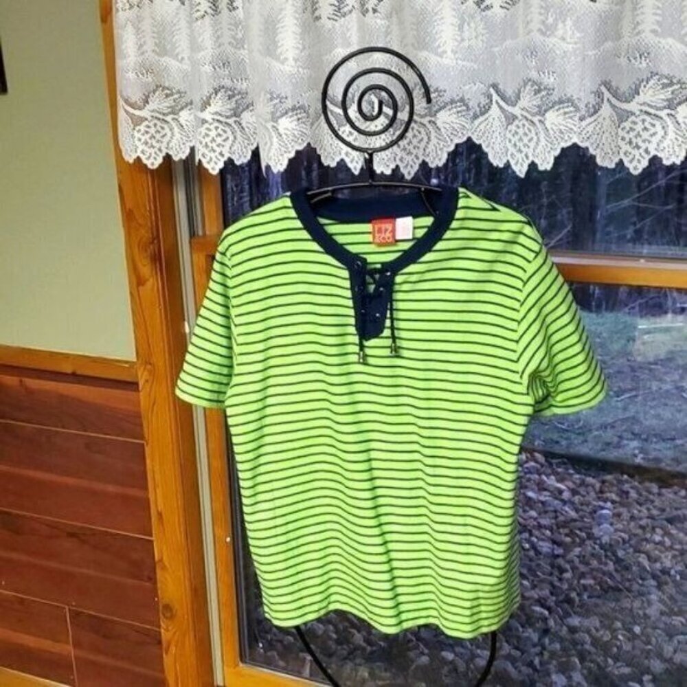 Liz Claiborne Liz & Co. Cinched V Neck Closure Striped Short Sleeve‎ Sz. M Top